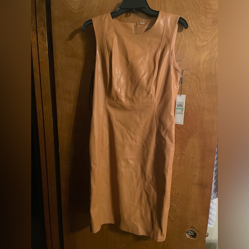 Calvin Klein tan faux leather dress